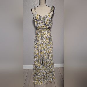 Cotton Candy LA Yellow Blue Floral Button Down Ruffle Sleeve Maxi Dress  S